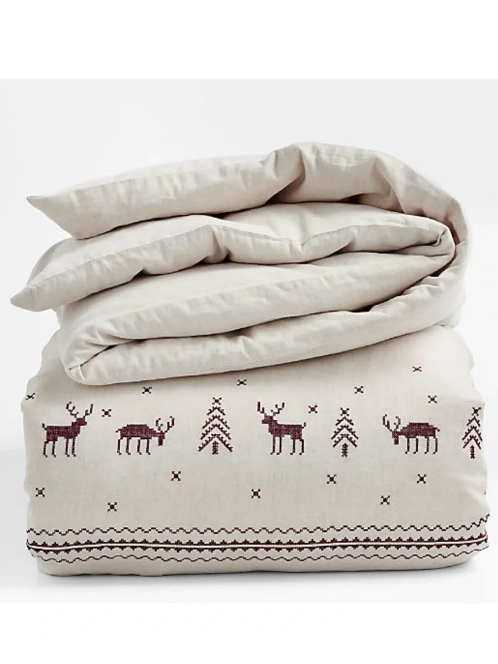 New! Crate&Barrel Reindeer Embroidered Cotton Linen Cross Stitch Natural Duvet